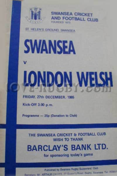 1985 Swansea v London Welsh  Rugby Programme
